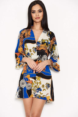 Blue Printed Knot Front Shirt Dress