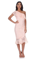 Blush Lace One Shoulder Frill Detail Midi Dress