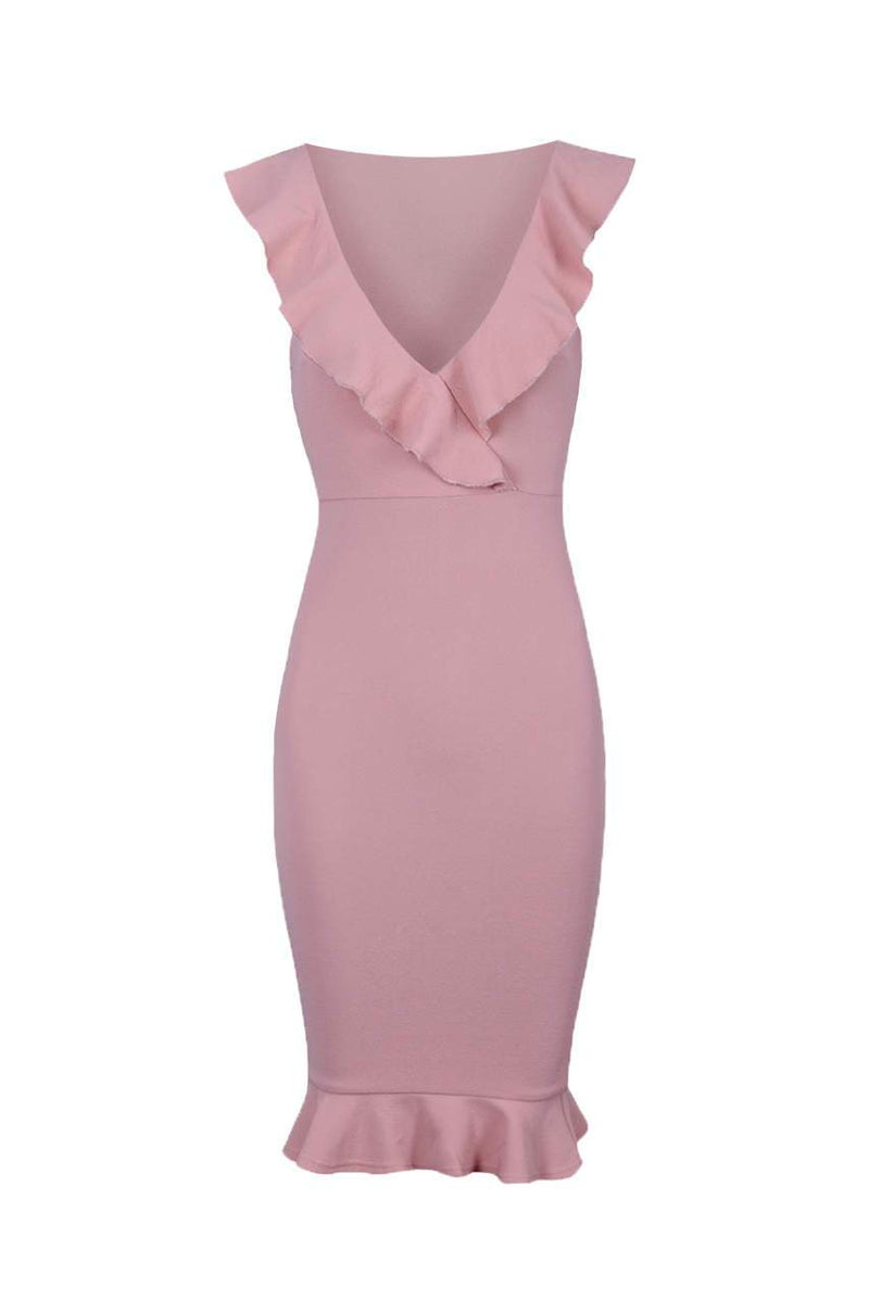 Blush V Neck Frill Detail Bodycon Dress