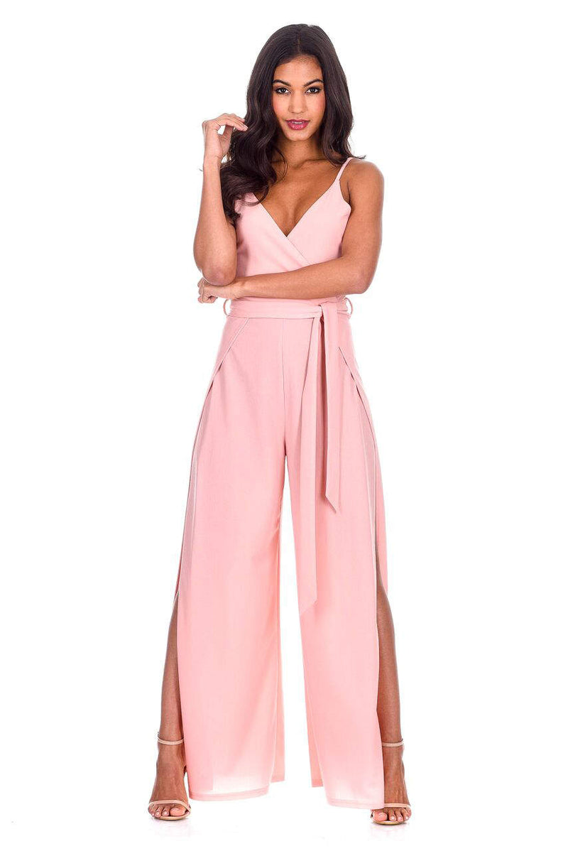 Blush Wide Leg Thigh Split Jumpsuit