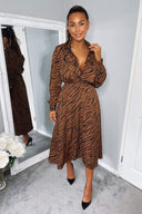 Brown Animal Print Button Up Midi Dress