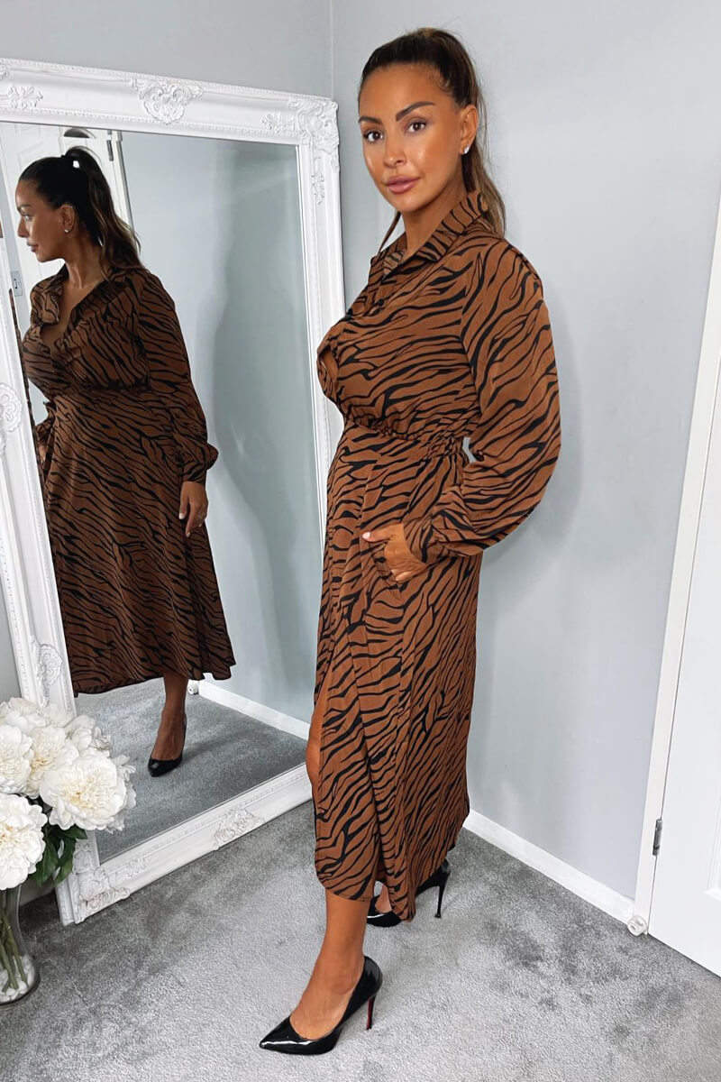 Brown Animal Print Button Up Midi Dress