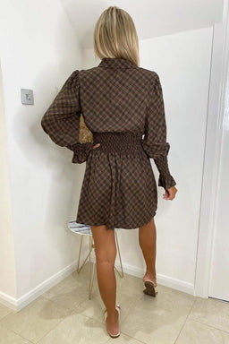 Brown Checked Elasticated Waist Dress