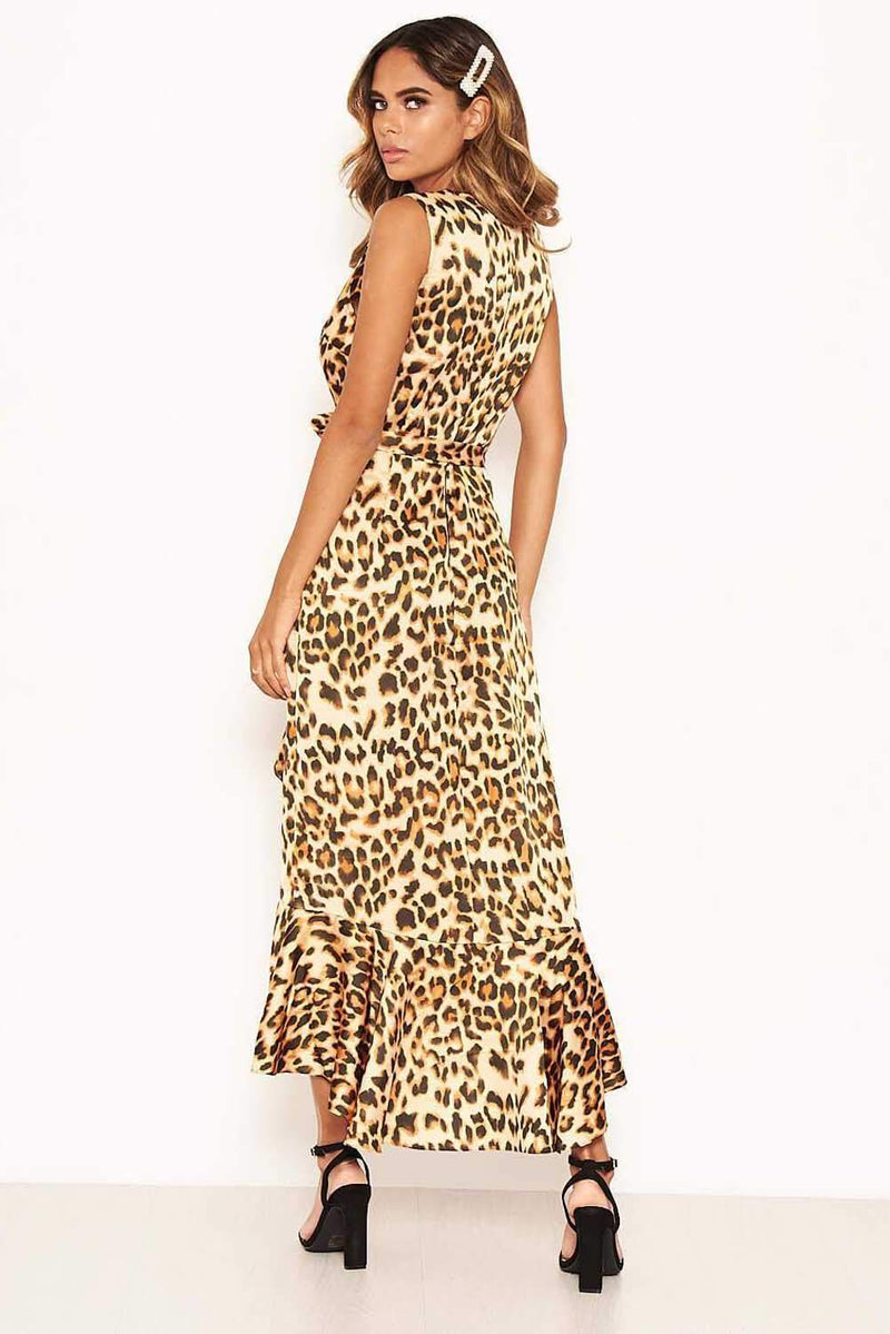 Brown Leopard Print Frill Hem Maxi Dress