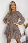 Brown Pleated Long Sleeve Skater Dress