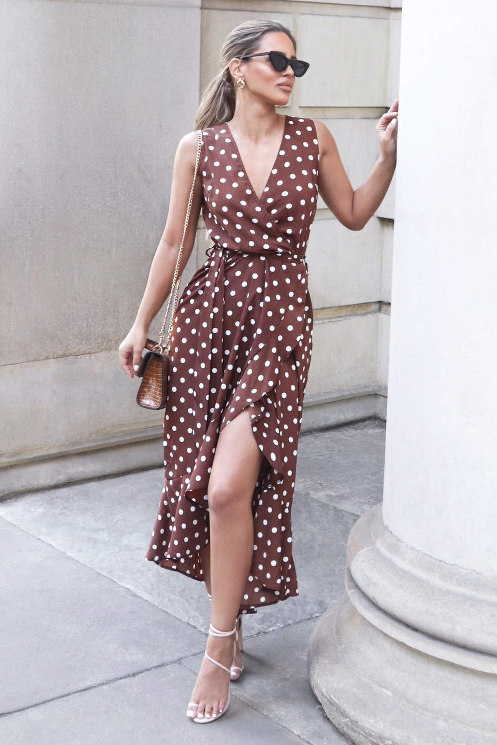 Brown Polka Dot Wrap Dress  AX Paris US