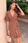 Brown Polka Dot Wrap Frill Dress