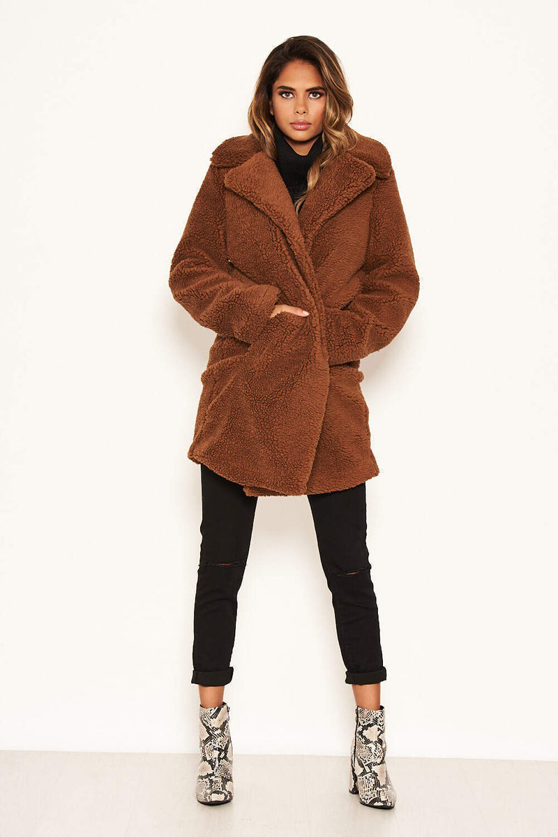 Brown Teddy Faux Fur Coat With Collar