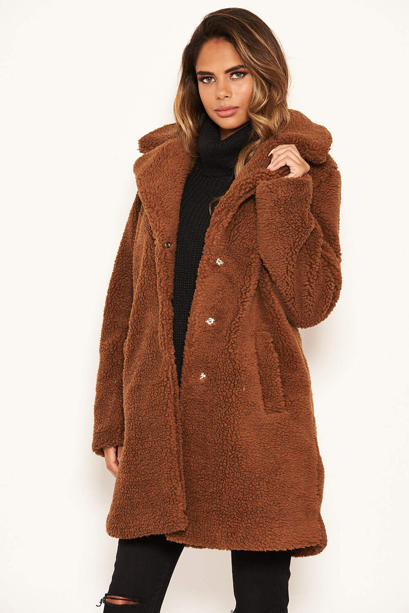 Brown Teddy Faux Fur Coat With Collar