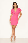 Cerise Plunge Ruffle Neckline Dress