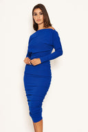 Blue Off Shoulder Ruched Dress