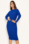 Blue Off Shoulder Ruched Dress