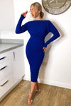 Blue Off Shoulder Ruched Dress