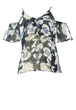 Navy Chiffon Cut Out Shoulder Frill Top