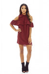 Wine Ruffle Cold Shirt Dress