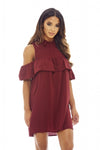 Wine Ruffle Cold Shirt Dress