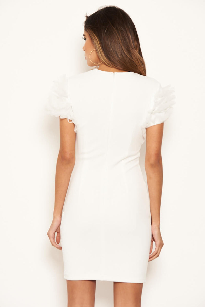 Cream Ruffle Mesh Sleeve Bodycon Dress