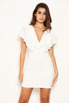 Cream Plunge Ruffle Neckline Dress