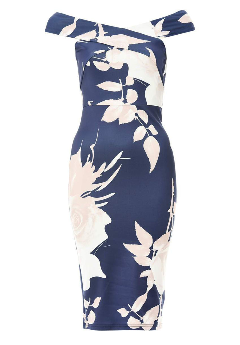 Navy Bardot Floral Bodycon Dress