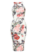 Sleeveless Bodycon Midi Dress with Rose Print