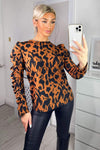 Camel Animal Print Long Gathered Sleeve Top