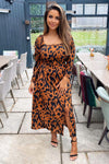 Camel Animal Print Square Neck Midi Dress