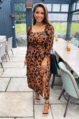 Camel Animal Print Square Neck Midi Dress