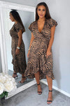 Camel Animal Print Tie Side Wrap Over Midi Dress