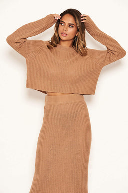 Camel Cropped Knitted Jumper