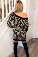 Camel Geo Print Off The Shoulder Knitted Dress