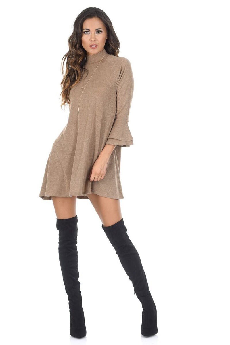 Camel High Neck Bell Sleeves A-line Dress