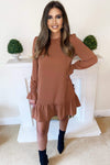 Camel Long Sleeve Frill Shift Dress