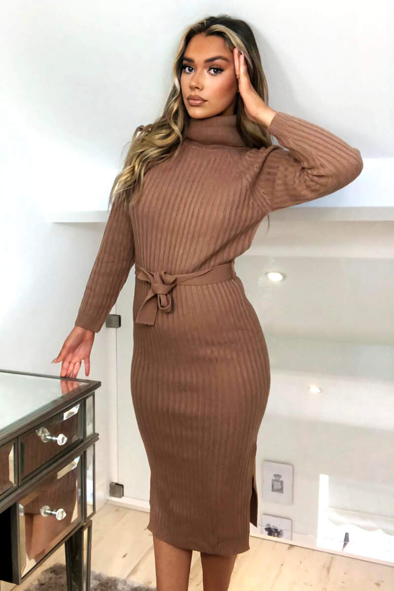 Camel Long-line Roll Neck Knitted Dress