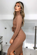 Camel Long-line Roll Neck Knitted Dress