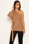 Camel One Shoulder Tie Waist Knit Jumper