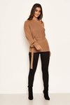 Camel One Shoulder Tie Waist Knit Jumper