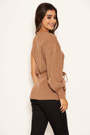 Camel One Shoulder Tie Waist Knit Jumper