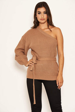 Camel One Shoulder Tie Waist Knit Jumper