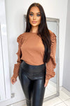 Camel Pleated Long Sleeve Top