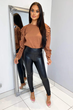 Camel Pleated Long Sleeve Top