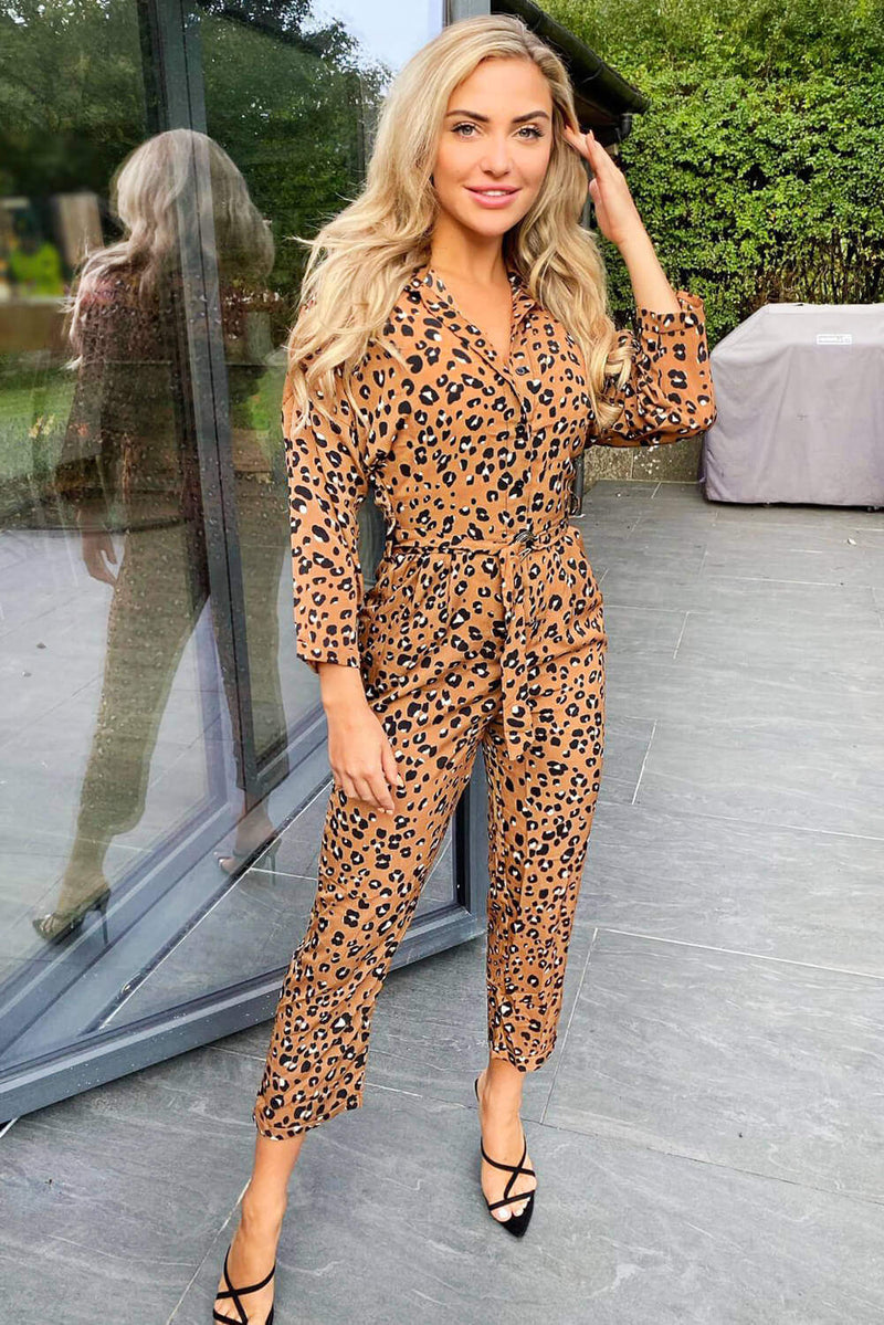 Camel Printed Button Up Tie Waist Jumpsuit