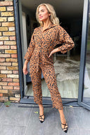 Camel Printed Button Up Tie Waist Jumpsuit