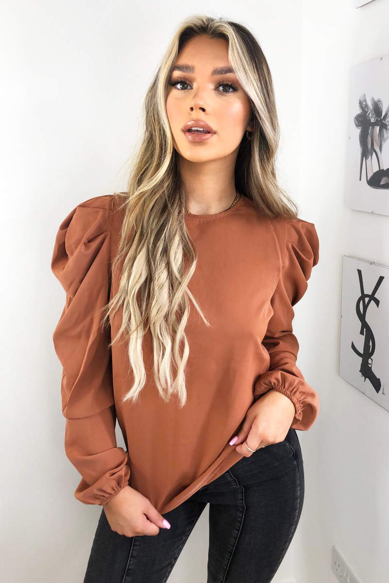 Camel Puff Sleeve Loose Fit Top