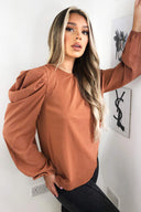 Camel Puff Sleeve Loose Fit Top