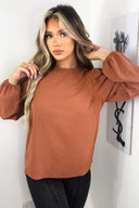 Camel Puff Sleeve Loose Fit Top