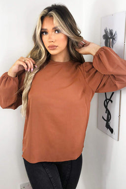 Camel Puff Sleeve Loose Fit Top