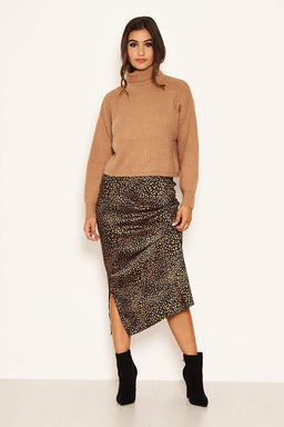 Camel Roll Neck Cropped Knit Jumper
