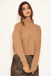 Camel Roll Neck Cropped Knit Jumper