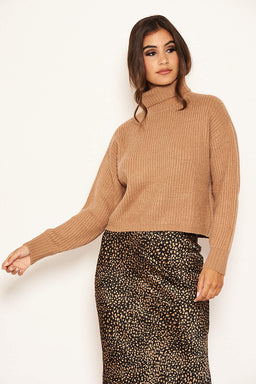 Camel Roll Neck Cropped Knit Jumper