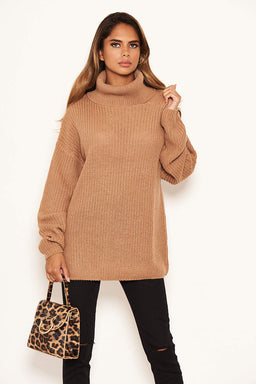 Camel Roll Neck Knit Jumper